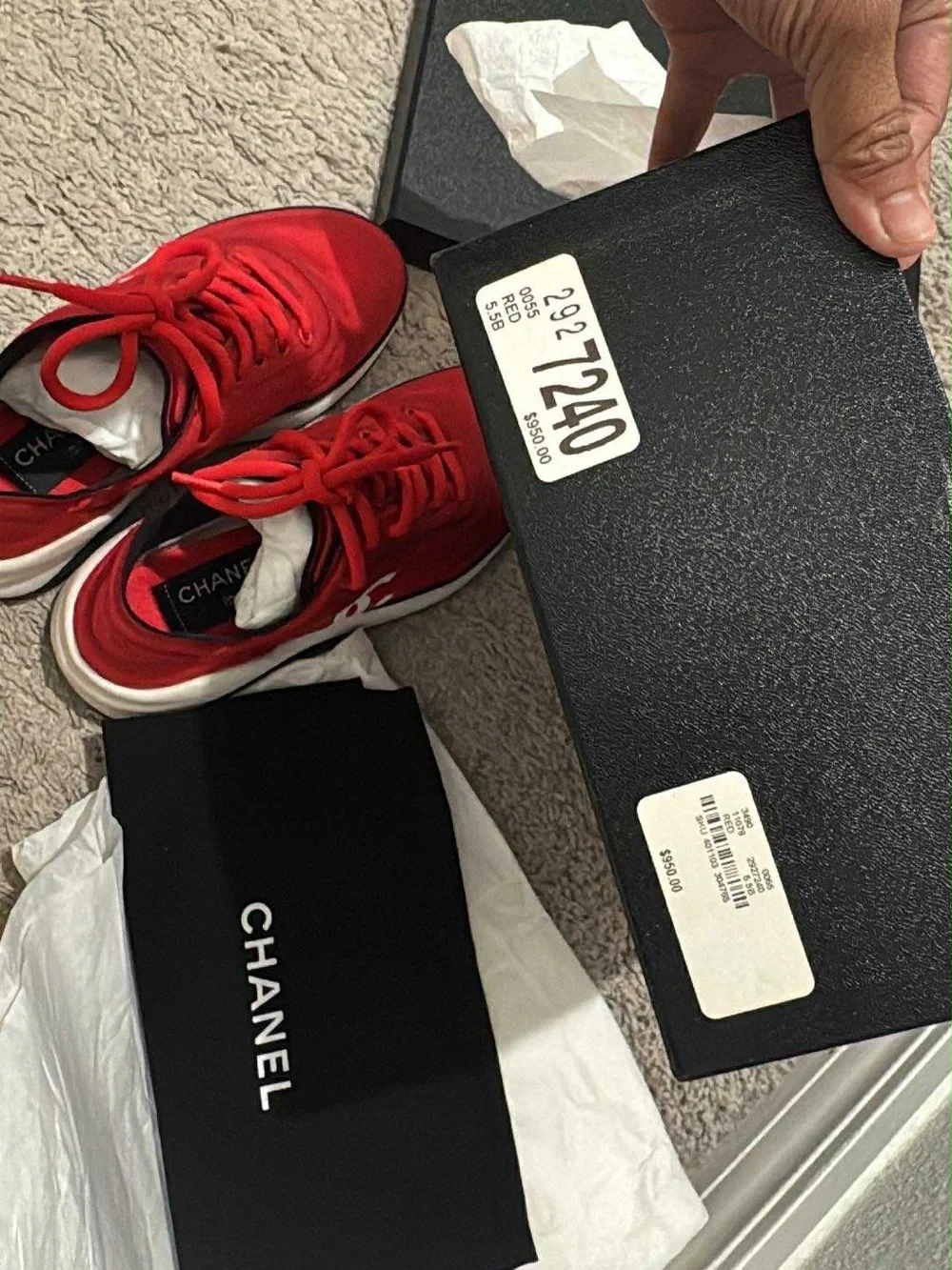 CHANEL Red Suede Logo Sneakers